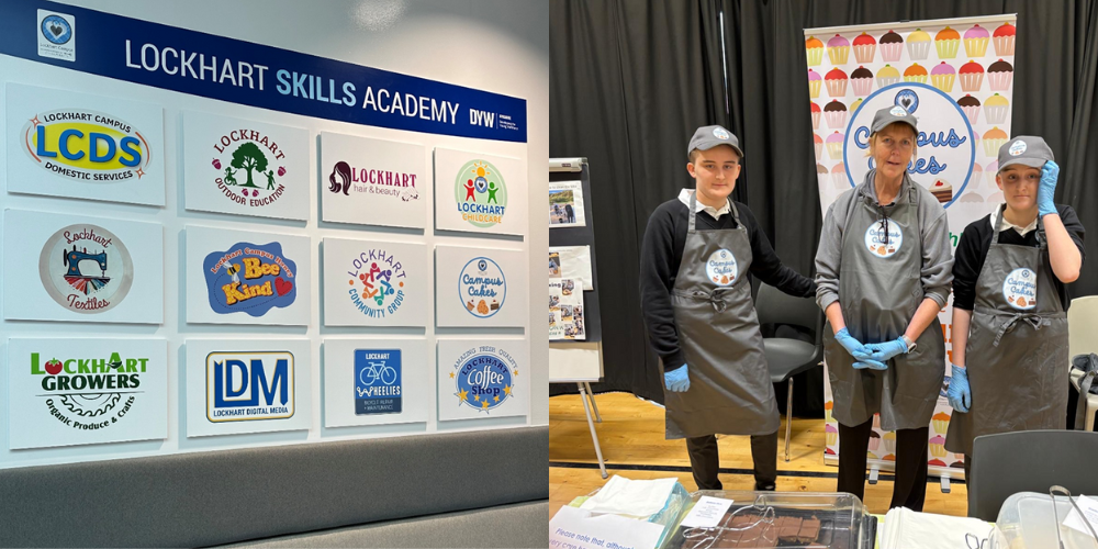 Board with logos and three people with branded aprons